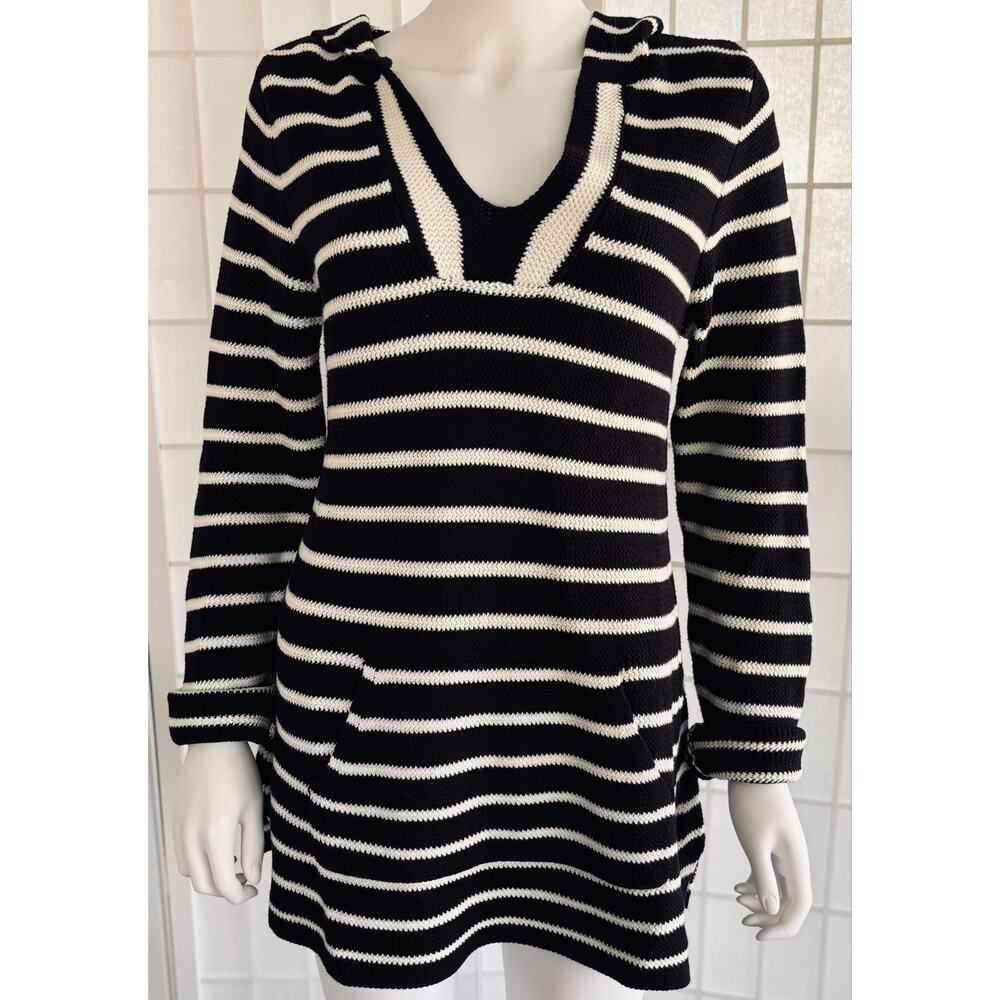 Saint Tropez Hooded Sweater Women’s Large Black White Striped Coastal Nautical